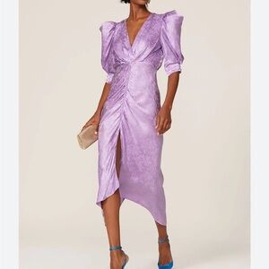 Ronny Kobo Ariana Satin Ruched Puff Sleeve Midi Dress